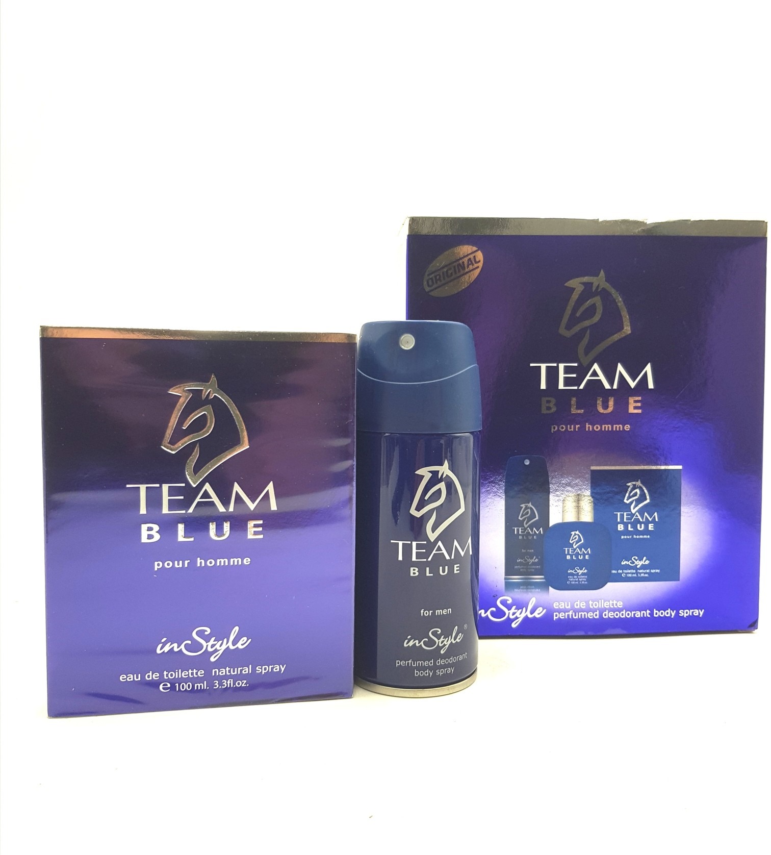 ست ادکلن و اسپری مردانه InStyle Team Blue eau de toilette perfumed deodorant bodst bost کد 409037