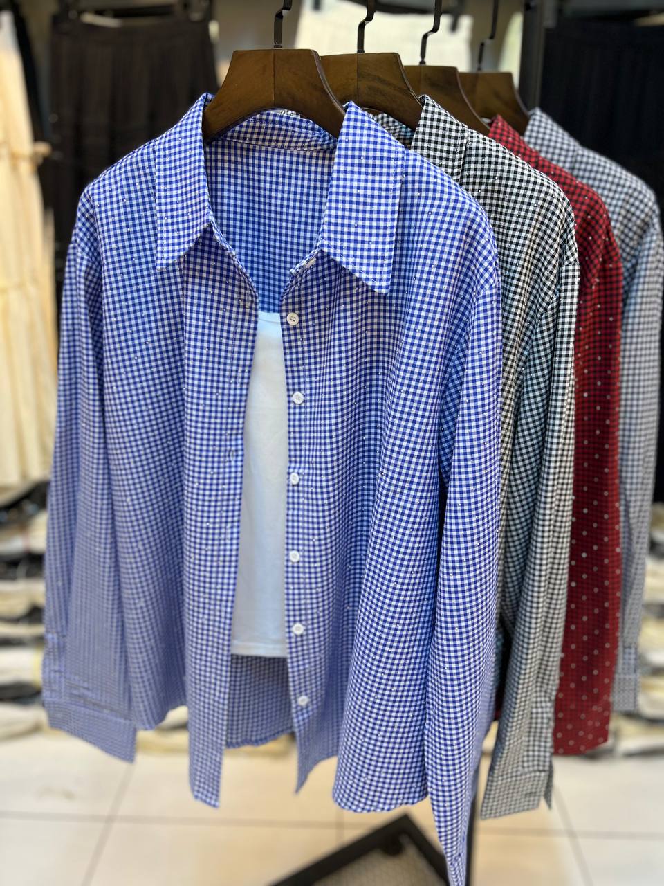 شومیز چهارخونه نگین دار زنانه کد 418722