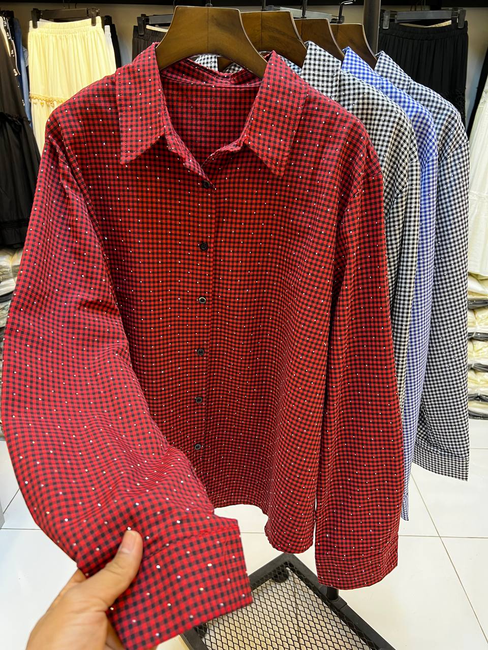 شومیز چهارخونه نگین دار زنانه کد 418722