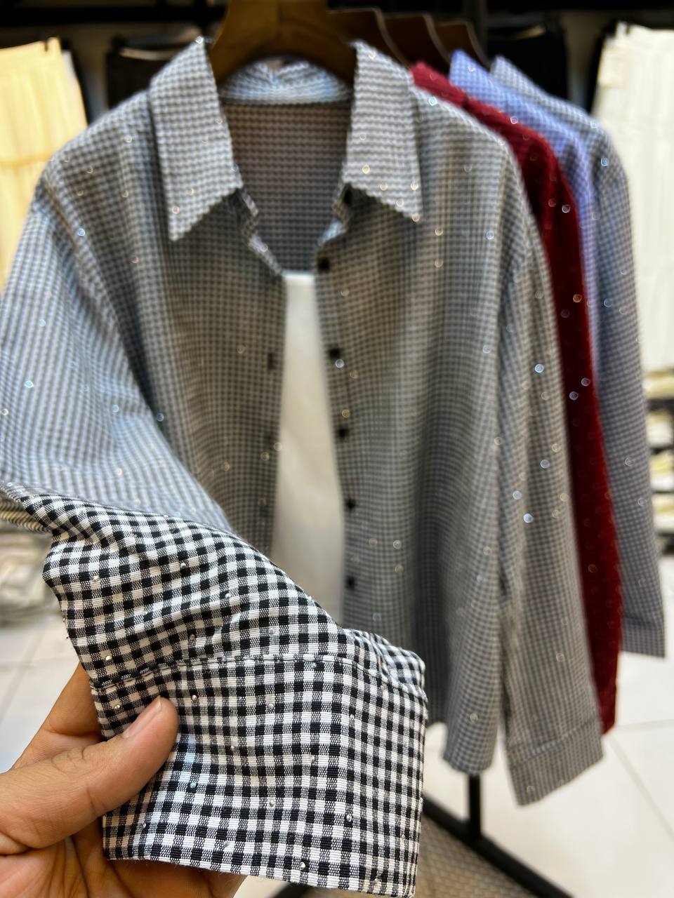 شومیز چهارخونه نگین دار زنانه کد 418722