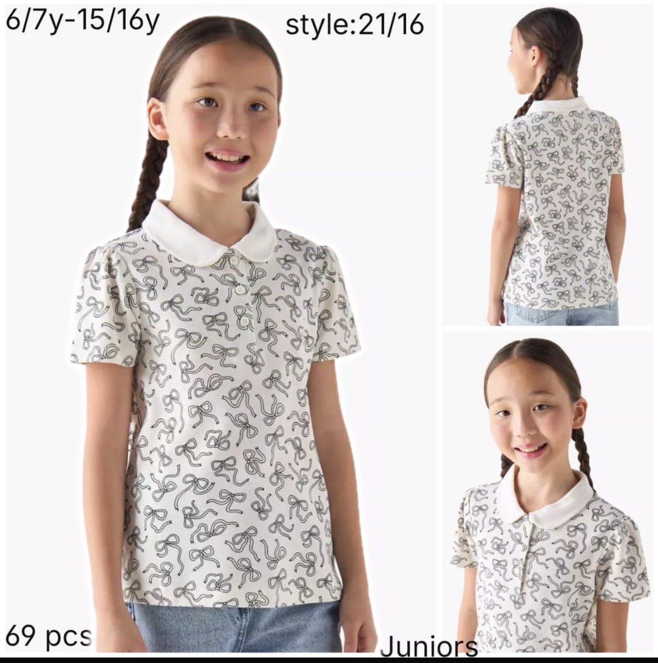 تی شرت یقه دار دخترانه 31224 سایز 6 تا 15 سال مارک JUNIORS