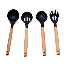 سرویس کفگیر و ملاقه سیلیکونی 12 پارچه دسته چوبی Kitchen Set کد 802298