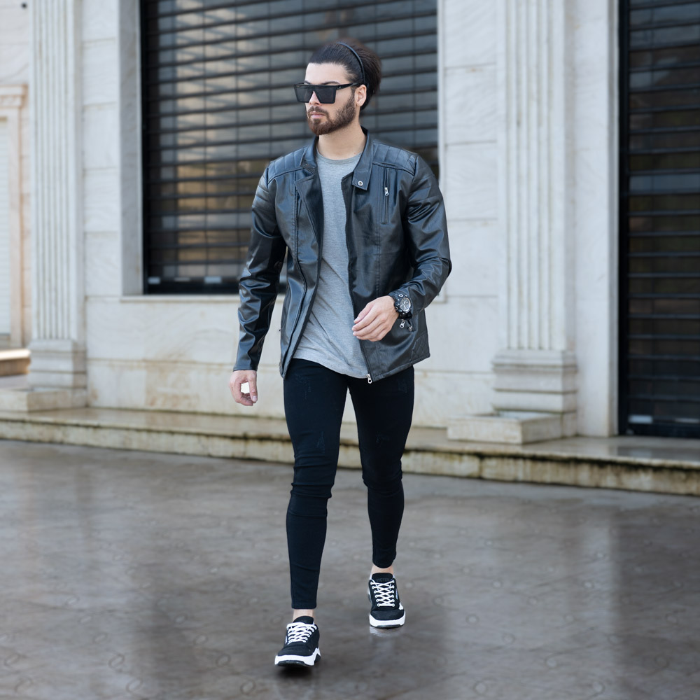 کاپشن چرم زیپ کج مشکی کد 1045