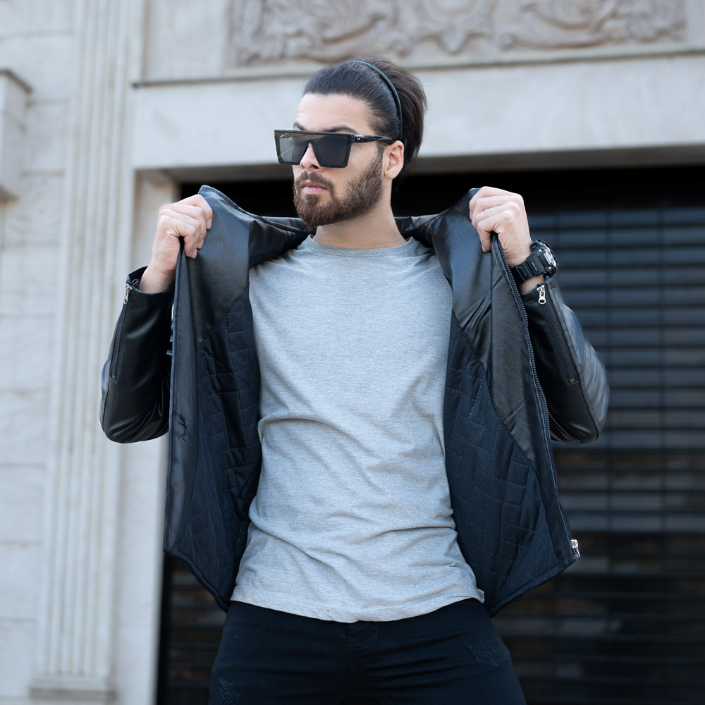 کاپشن چرم زیپ کج مشکی کد 1045