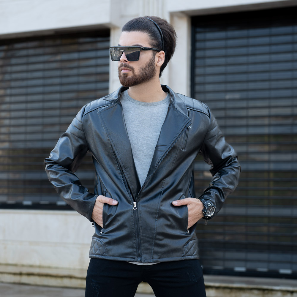 کاپشن چرم زیپ کج مشکی کد 1045