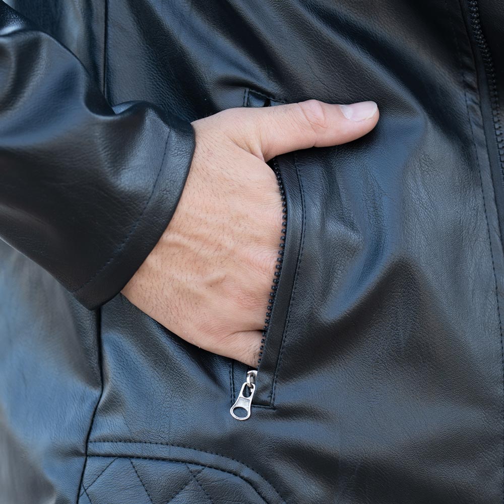 کاپشن چرم زیپ کج مشکی کد 1045