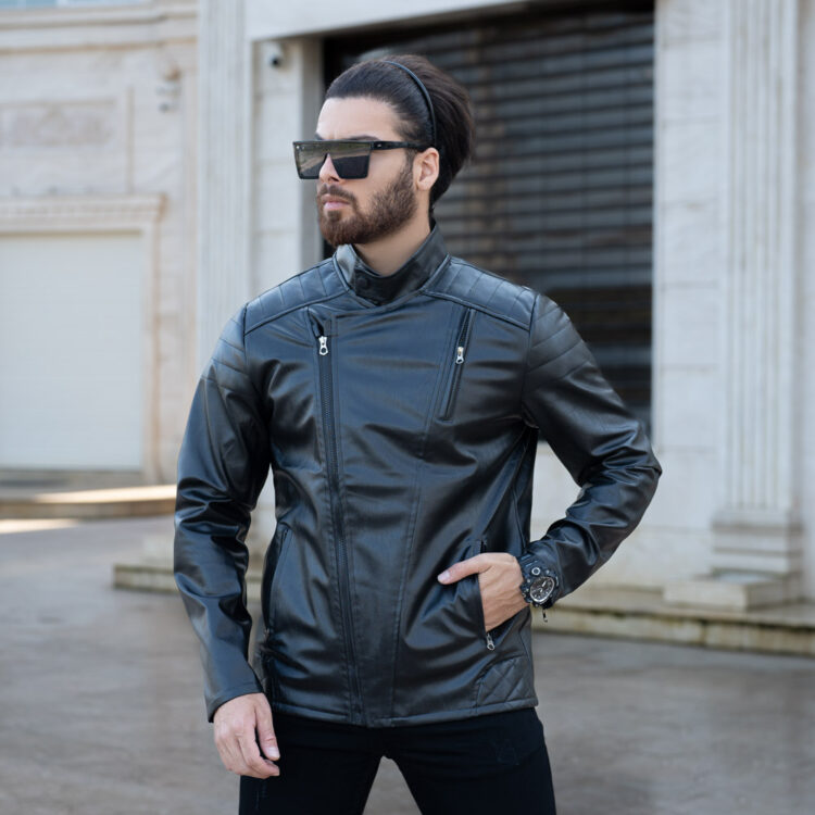 کاپشن چرم زیپ کج مشکی کد 1045